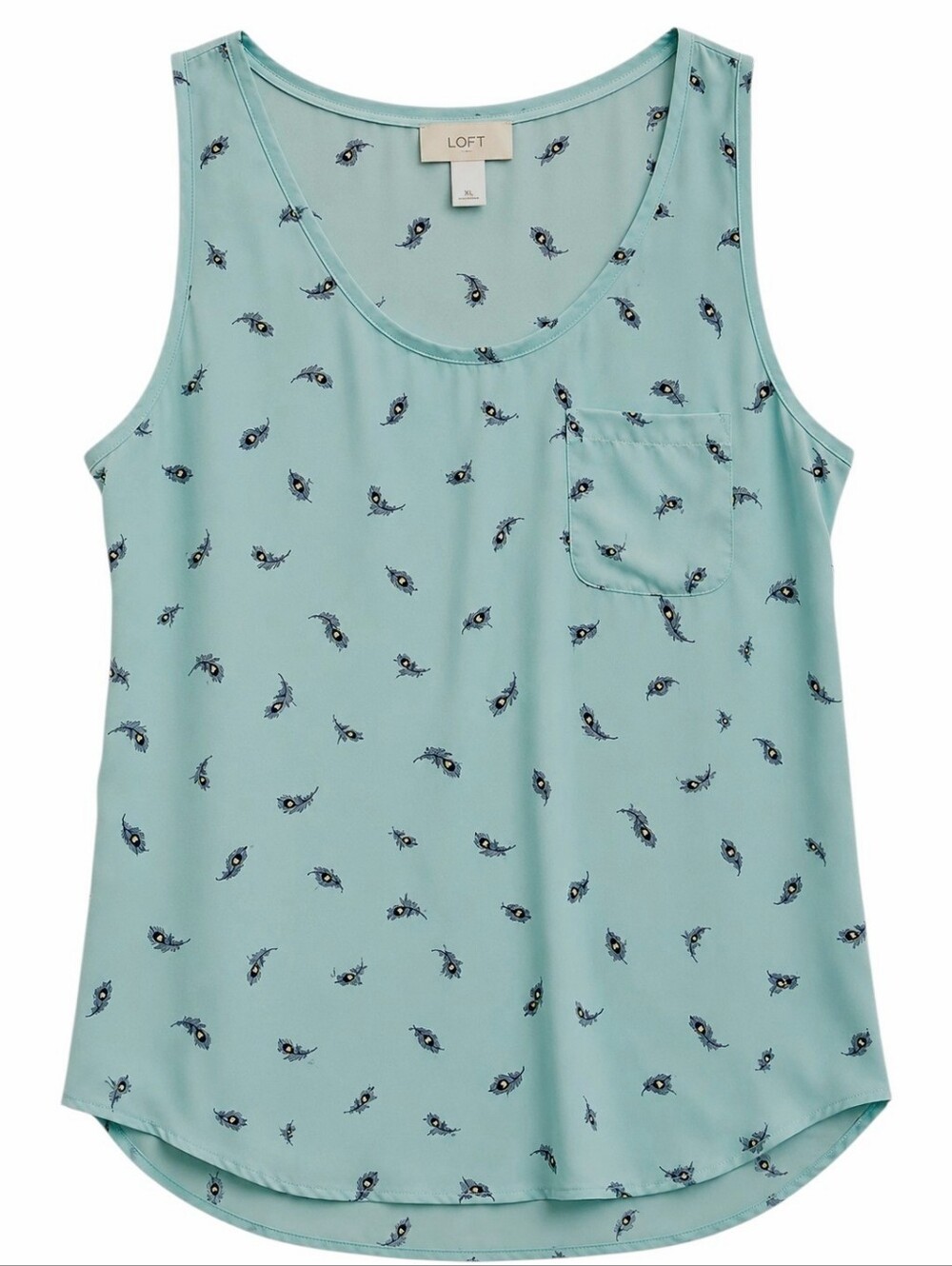 LOFT Feather Print Sleeveless Blouse XL Aqua Blue Yellow Lightweight Pocket Top